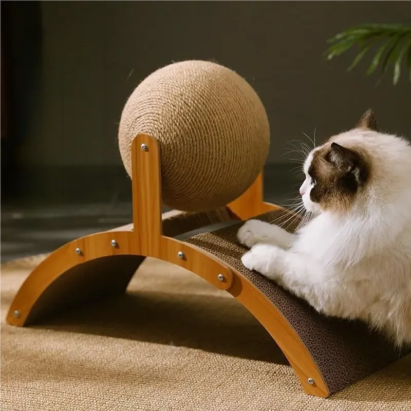 2-in-1 Wooden Cat Scratcher Ball - Sisal Scratch Board with Grinding Paw Toy