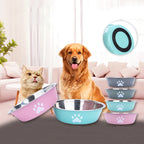 Stainless Steel Dog Bowl with Silicone Anti-Slip Base | Paw Print Pet Food & Water Bowl for Dogs & Cats