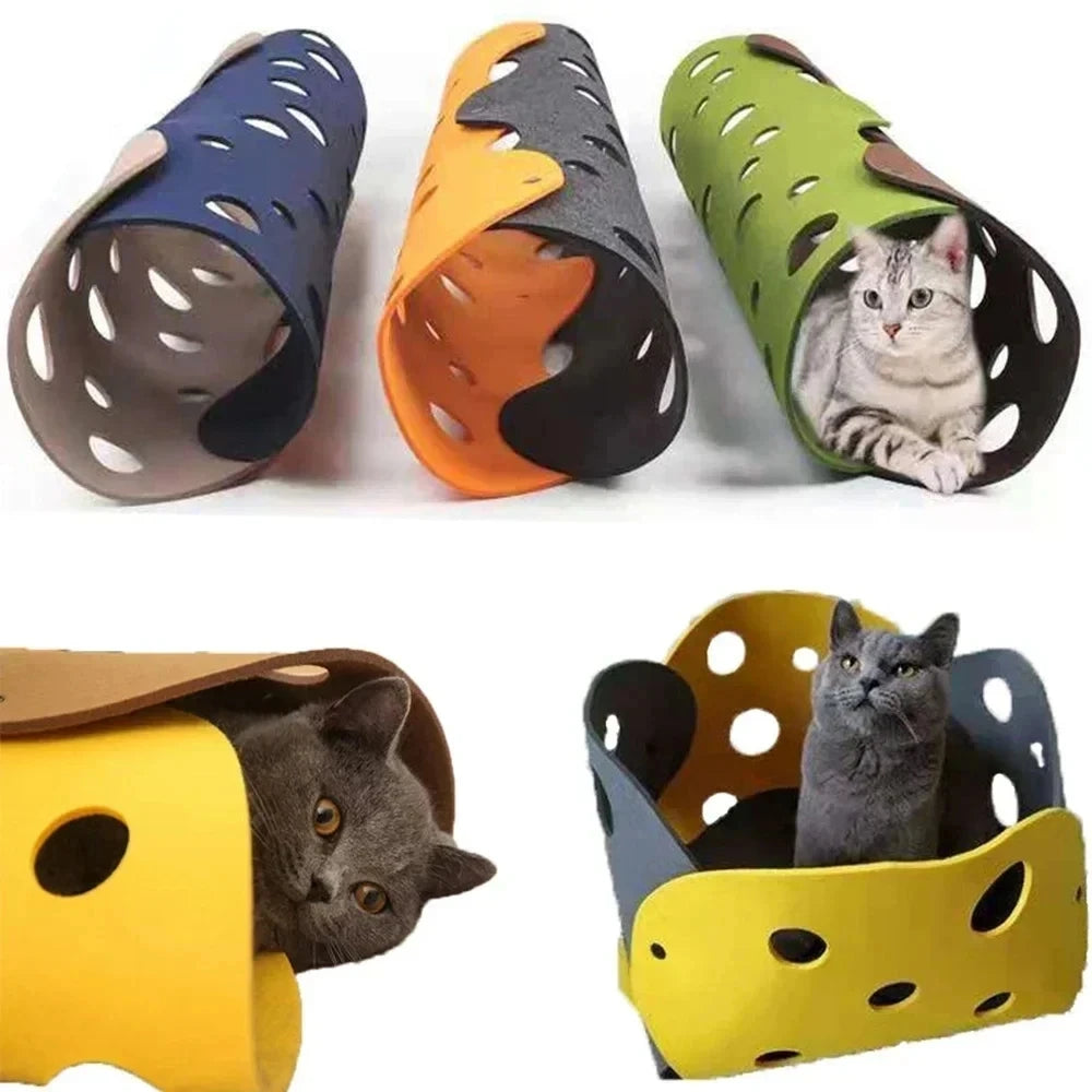 Collapsible Cat Tunnel & Felt Nest - Deformable Splicing Play Tube with Pom-Poms