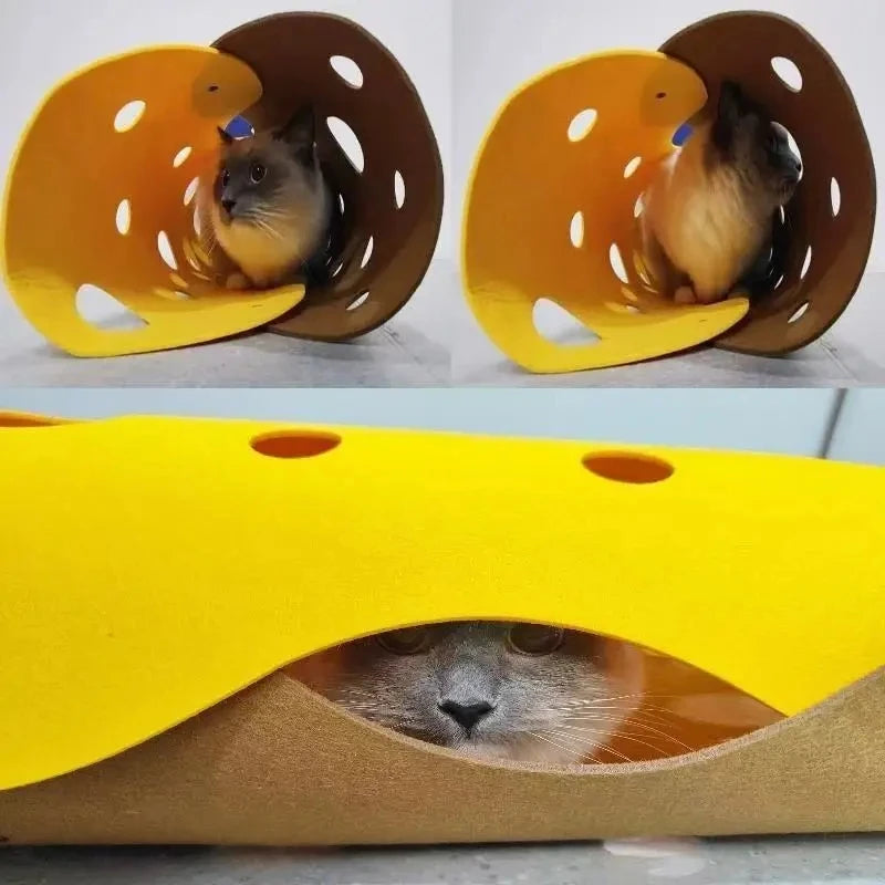Collapsible Cat Tunnel & Felt Nest - Deformable Splicing Play Tube with Pom-Poms
