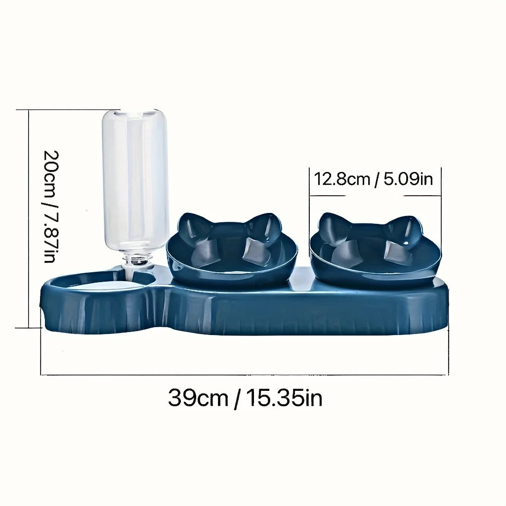 3-in-1 Cat Food & Water Bowl Set with Gravity Dispenser | Tilted Elevated Feeding Bowl for Cats