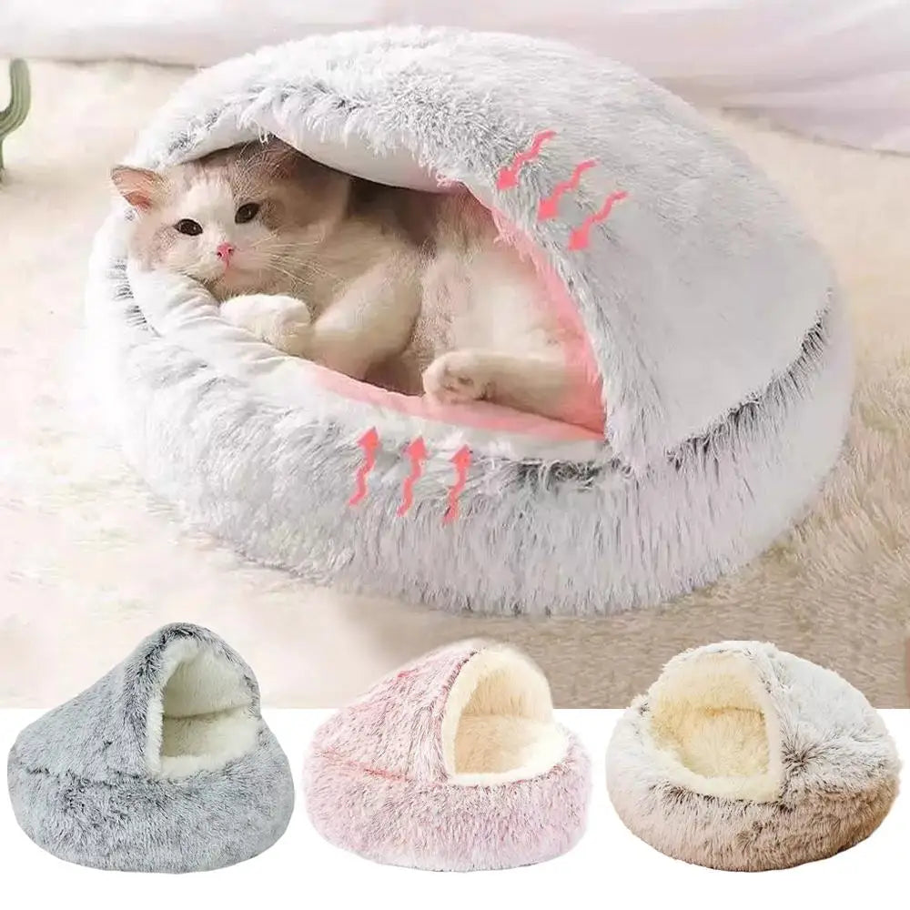Soft Plush Cat Bed with Cover | Warm Round Sleeping Nest Cave for Cats & Small Dogs