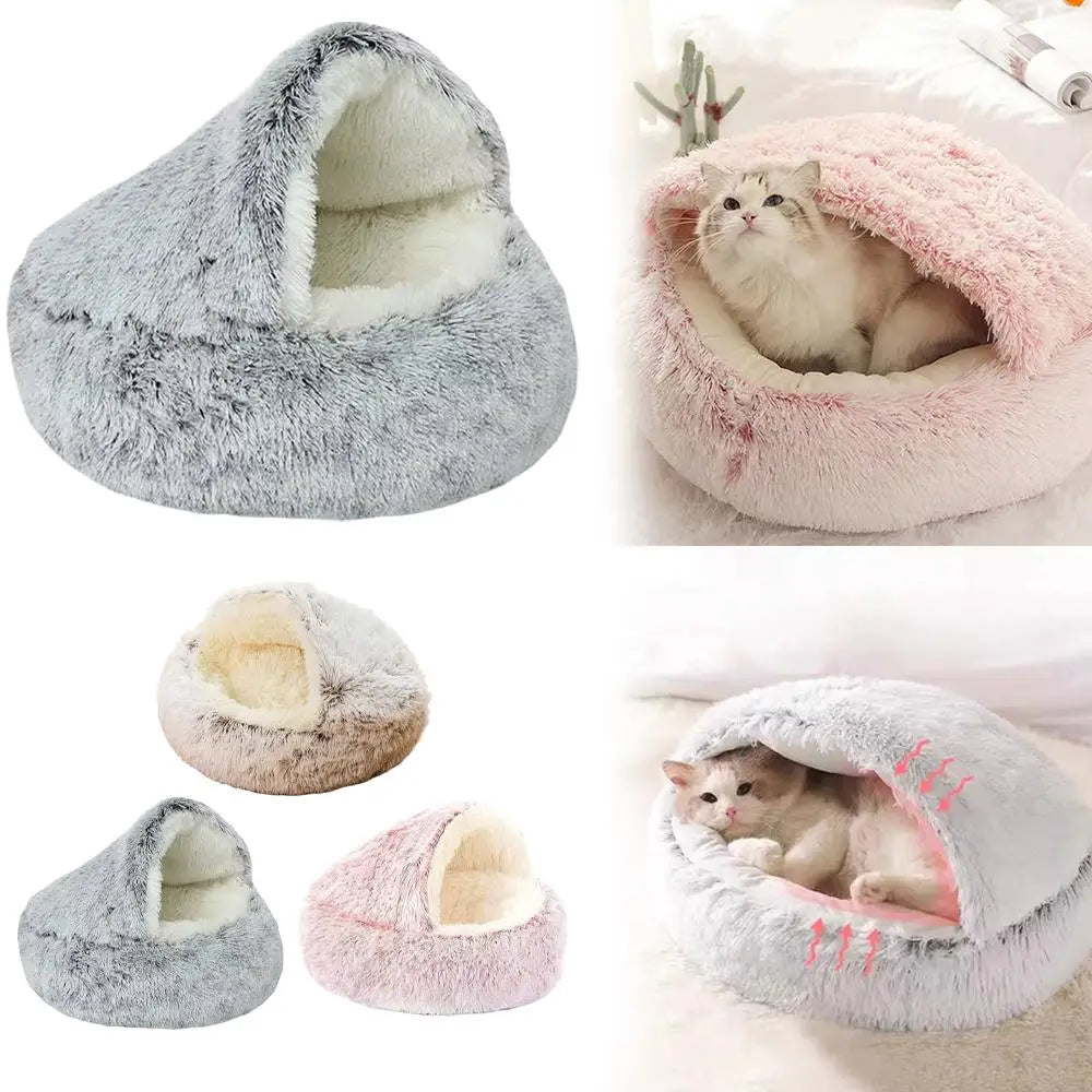 Soft Plush Cat Bed with Cover | Warm Round Sleeping Nest Cave for Cats & Small Dogs