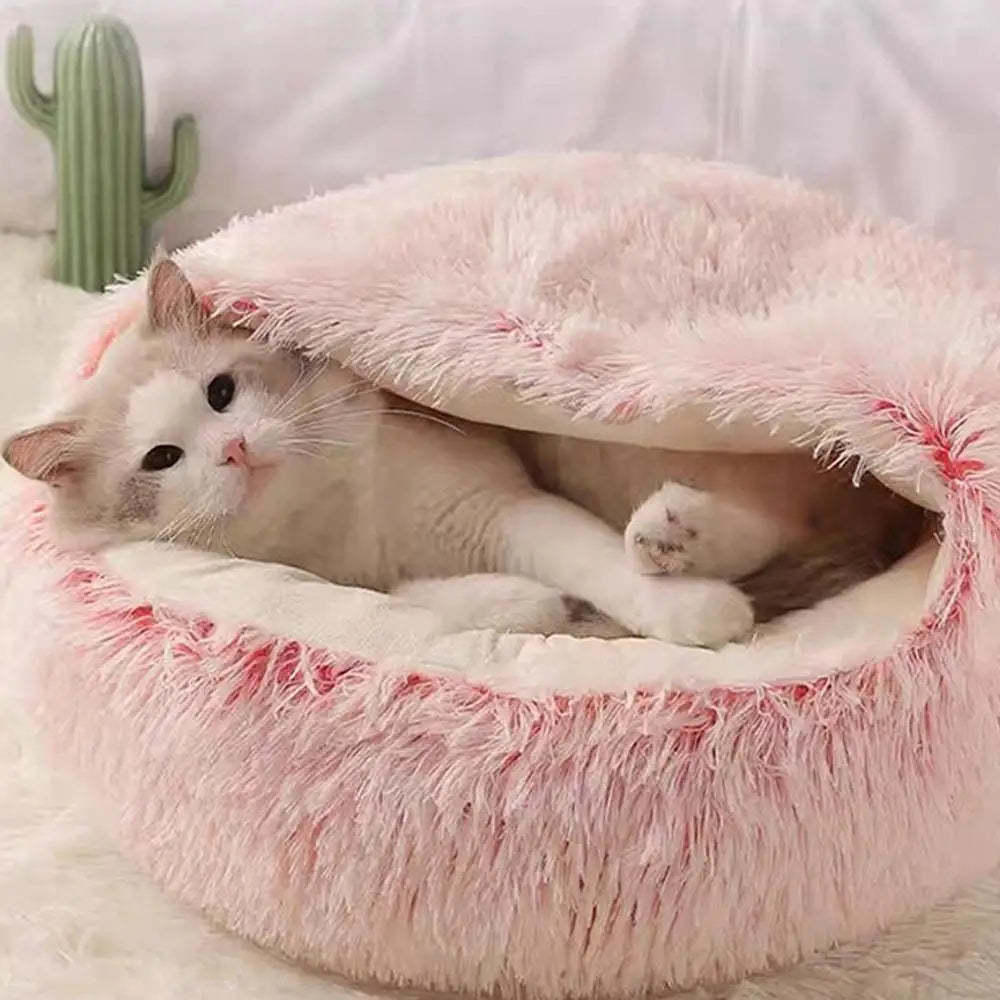 Soft Plush Cat Bed with Cover | Warm Round Sleeping Nest Cave for Cats & Small Dogs