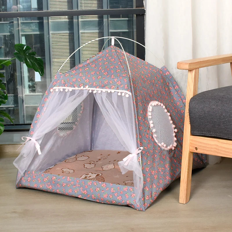 Semi-Enclosed Pet Flower Tent Bed - Cozy All-Season Nest for Cats & Small Dogs