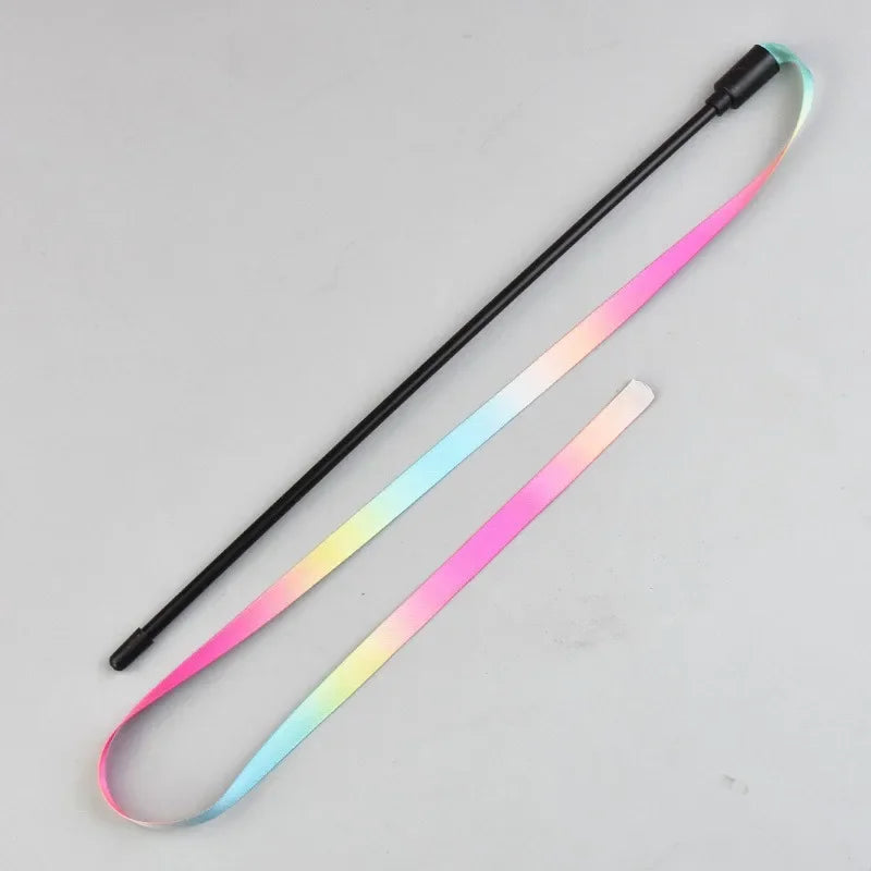 Interactive Ribbon Cat Teaser Wand Toy | Colorful Nylon Featherless Chase Toy for Kittens & Cats