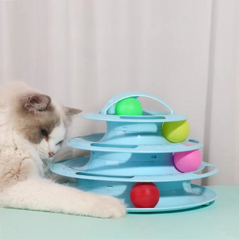 4-Tier Rotating Track Cat Toy - Interactive Rolling Ball Tower for Indoor Cats