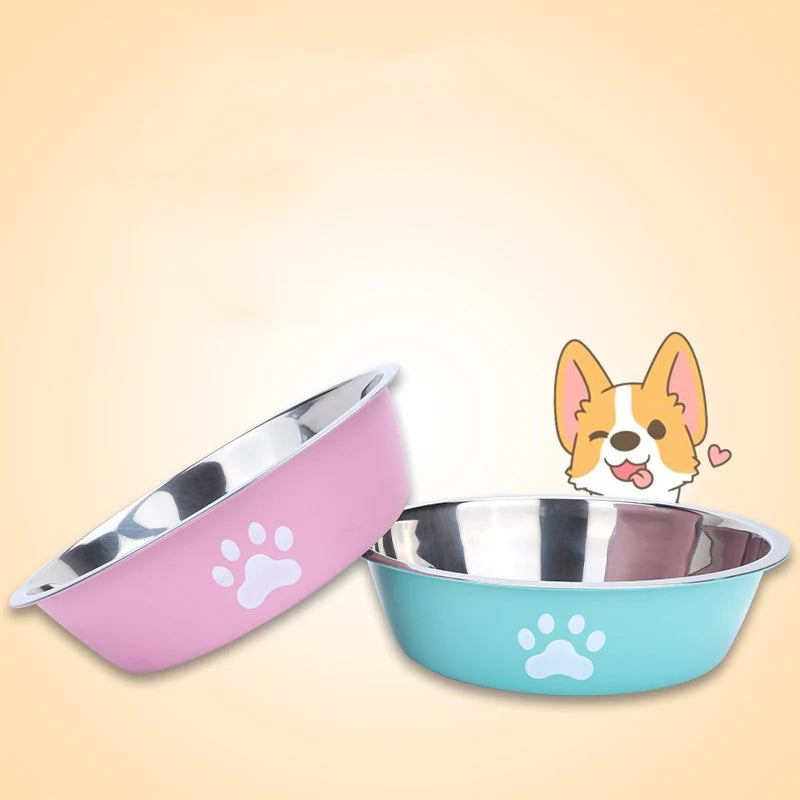 Stainless Steel Dog Bowl with Silicone Anti-Slip Base | Paw Print Pet Food & Water Bowl for Dogs & Cats