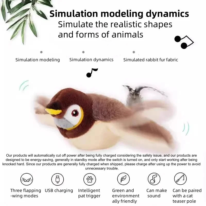 Rechargeable Chirping Flapping Bird Cat Toy – Touch Activated Interactive Plush Toy