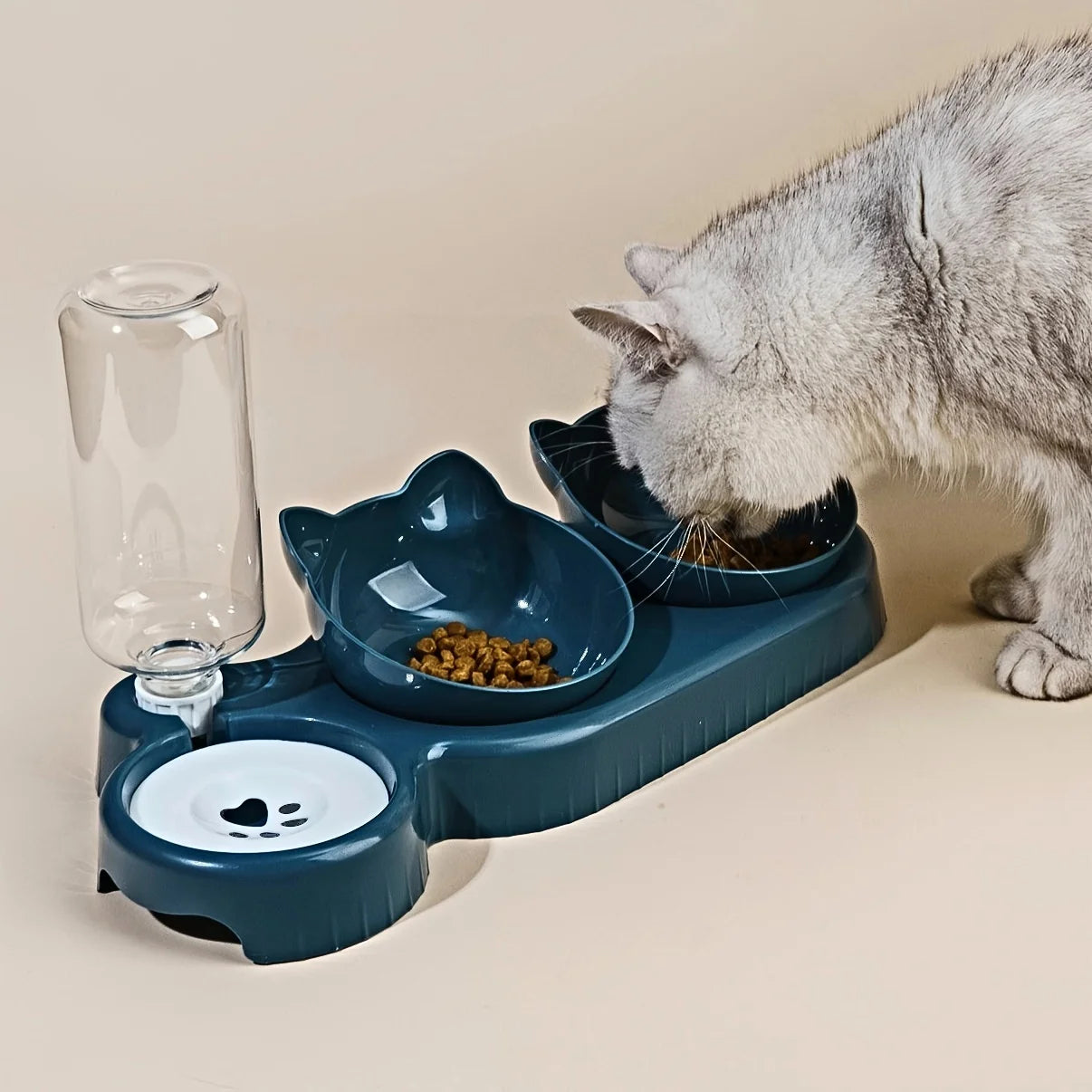 3-in-1 Cat Food & Water Bowl Set with Gravity Dispenser | Tilted Elevated Feeding Bowl for Cats