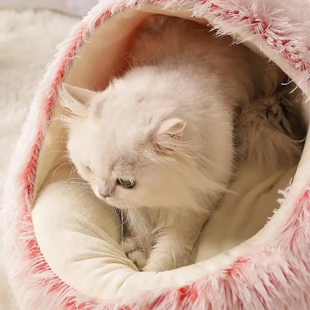 Soft Plush Cat Bed with Cover | Warm Round Sleeping Nest Cave for Cats & Small Dogs
