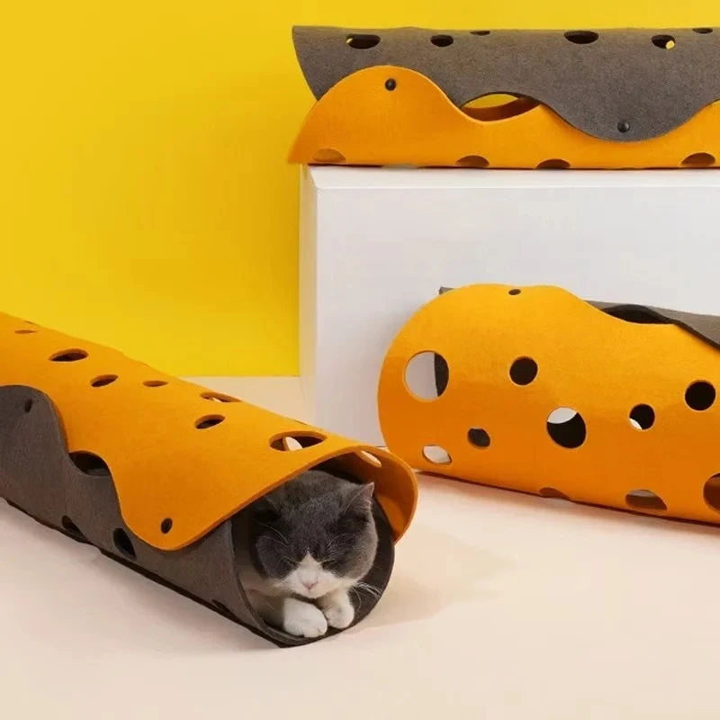 Collapsible Cat Tunnel & Felt Nest - Deformable Splicing Play Tube with Pom-Poms