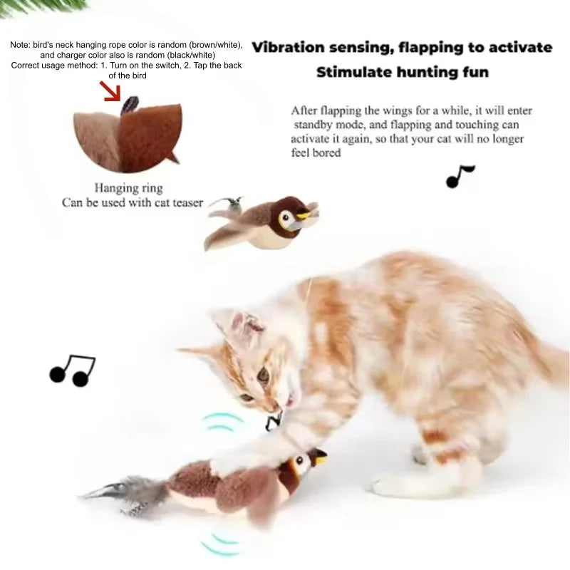 Rechargeable Chirping Flapping Bird Cat Toy – Touch Activated Interactive Plush Toy