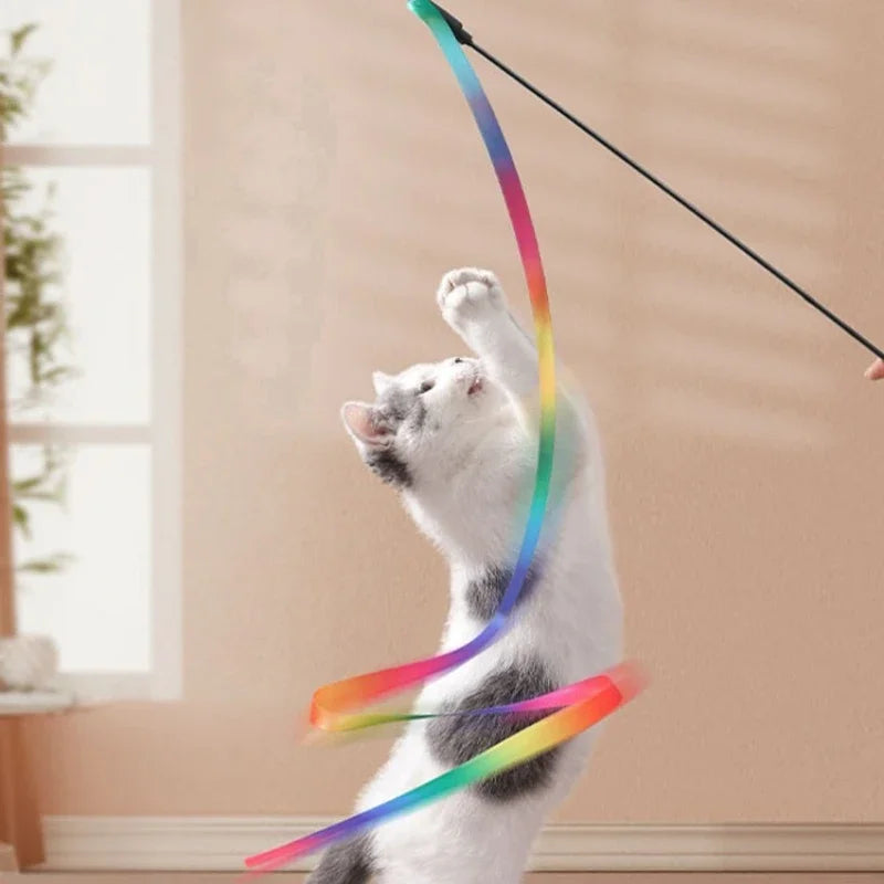 Interactive Ribbon Cat Teaser Wand Toy | Colorful Nylon Featherless Chase Toy for Kittens & Cats