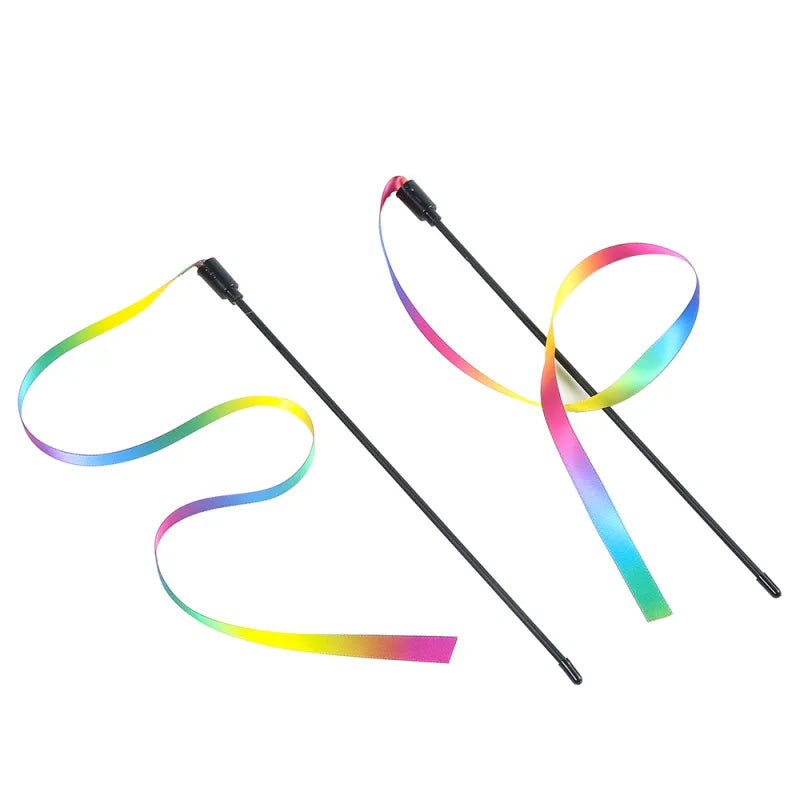 Interactive Ribbon Cat Teaser Wand Toy | Colorful Nylon Featherless Chase Toy for Kittens & Cats