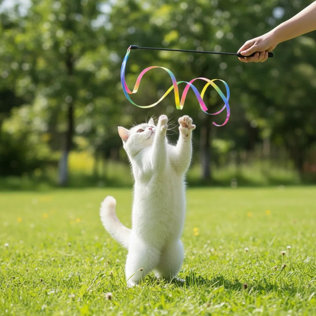 Interactive Ribbon Cat Teaser Wand Toy | Colorful Nylon Featherless Chase Toy for Kittens & Cats