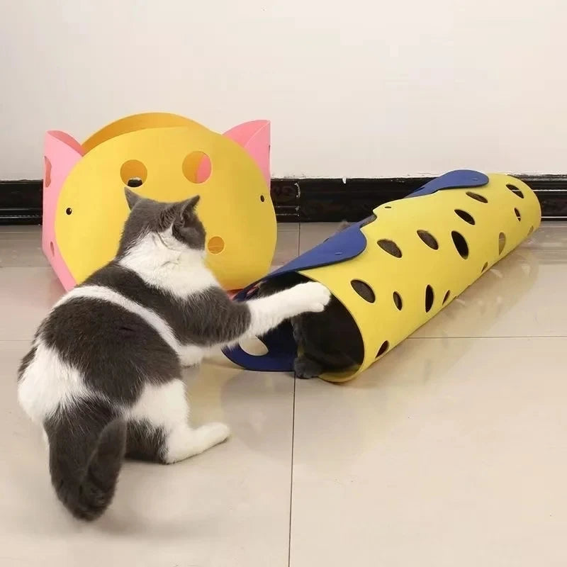 Collapsible Cat Tunnel & Felt Nest - Deformable Splicing Play Tube with Pom-Poms