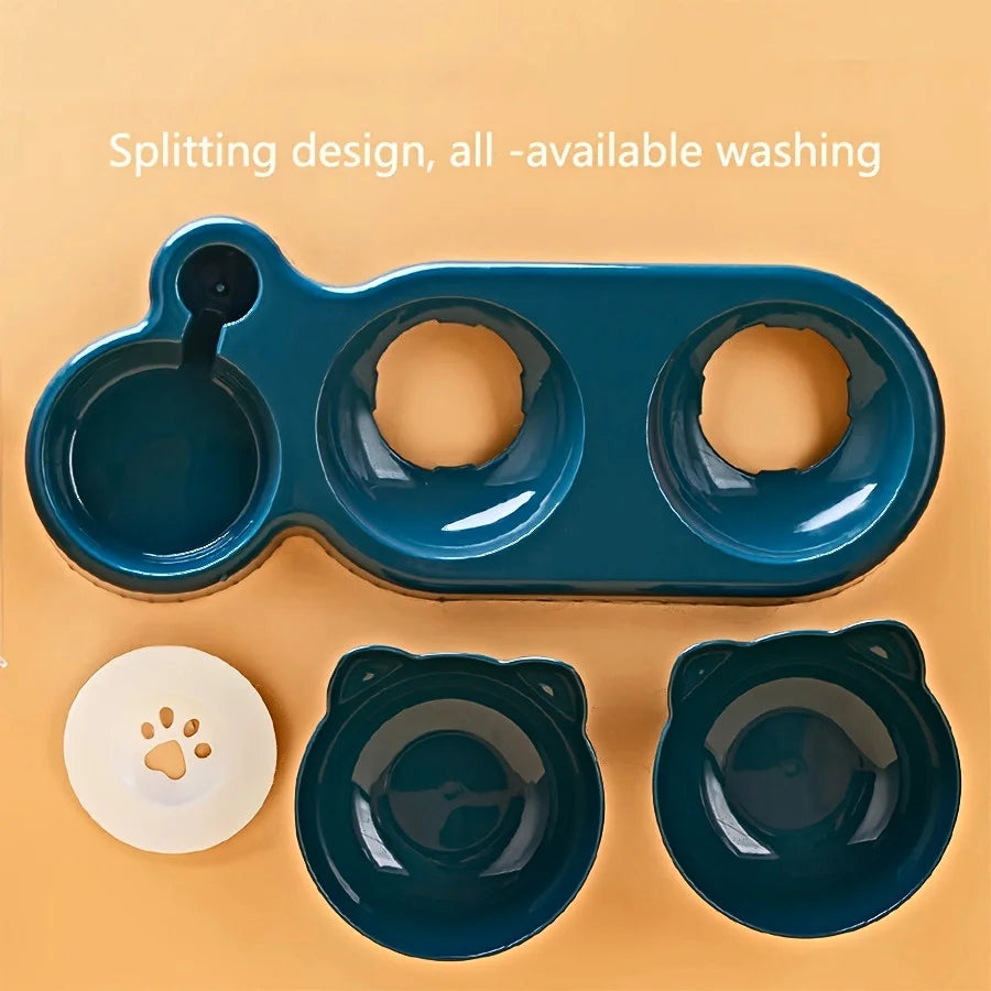 3-in-1 Cat Food & Water Bowl Set with Gravity Dispenser | Tilted Elevated Feeding Bowl for Cats