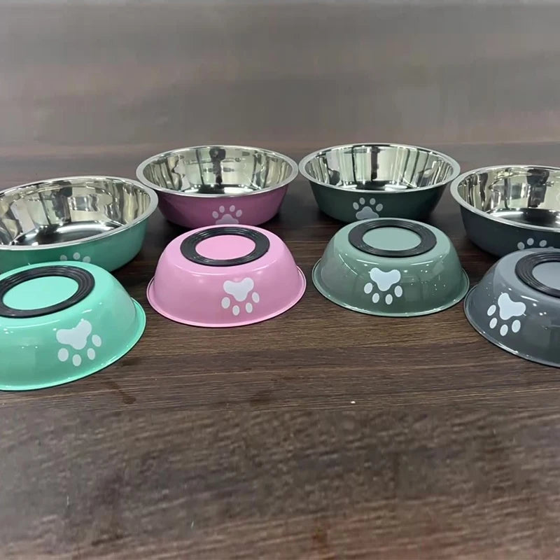 Stainless Steel Dog Bowl with Silicone Anti-Slip Base | Paw Print Pet Food & Water Bowl for Dogs & Cats
